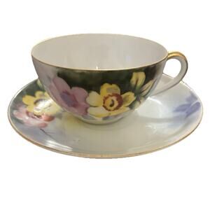 Antique Bayreuth Bone China Yellow Floral Handpainted Tea Cup & Saucer Gold Trim